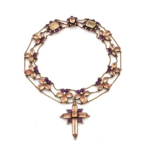 Antique golden topaz and amethyst flowerhead necklace with topaz cross pendant